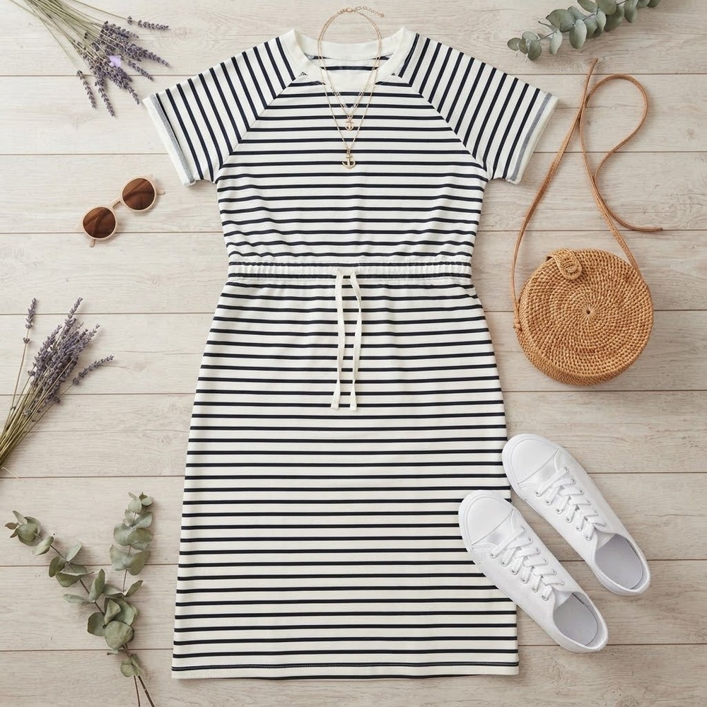 Old Navy Womens Navy White Striped Raglan Sleeve Drawstring Waist Midi Dress L